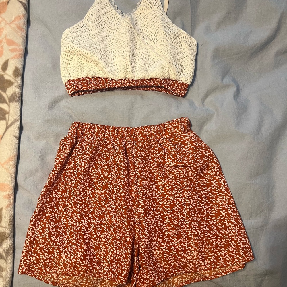 White Lace Crop Top and Red Patterned Shorts Set